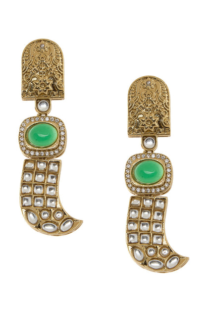 Gold & Green Polki Studded Drop Earrings 