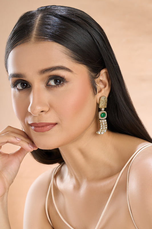 Gold & Green Polki Studded Drop Earrings 