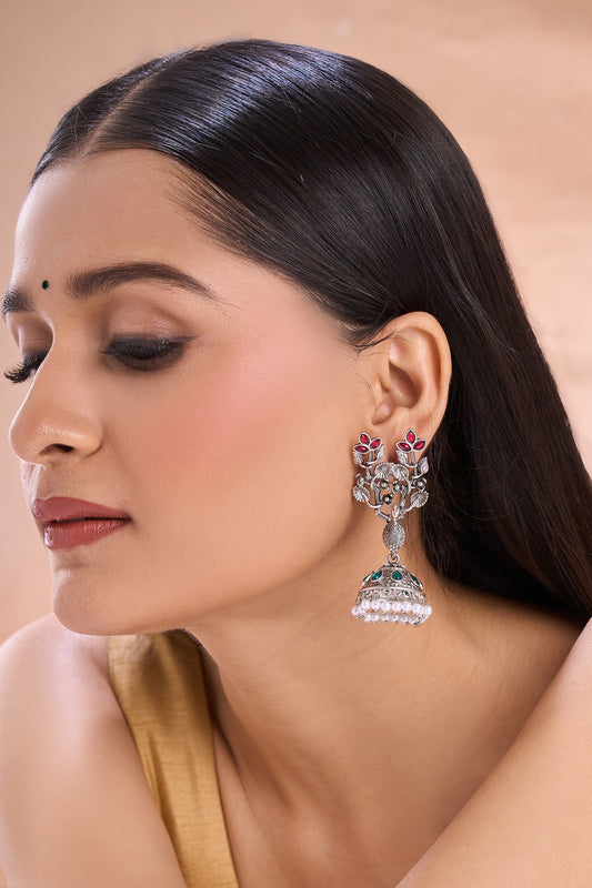 Bird Pattern Pearl Tasselled Jhumkas 