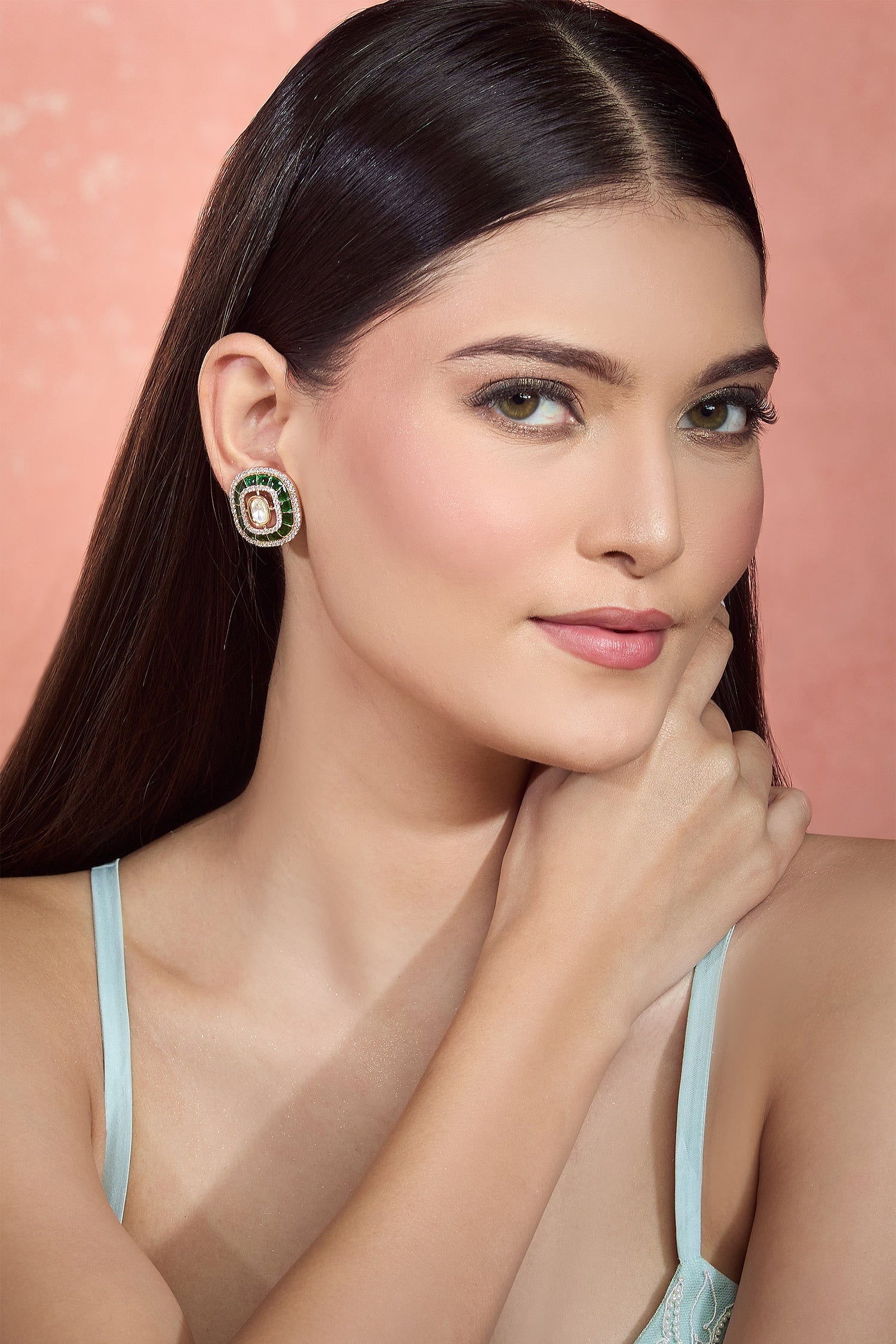 Emerald Kundan Cutwork Stud Earrings 