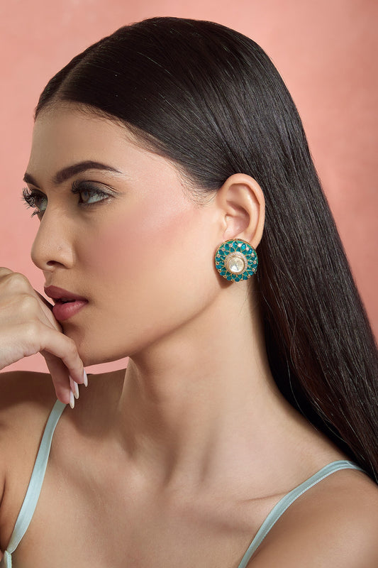 Gold Plated Green Kundan Stud Earrings 