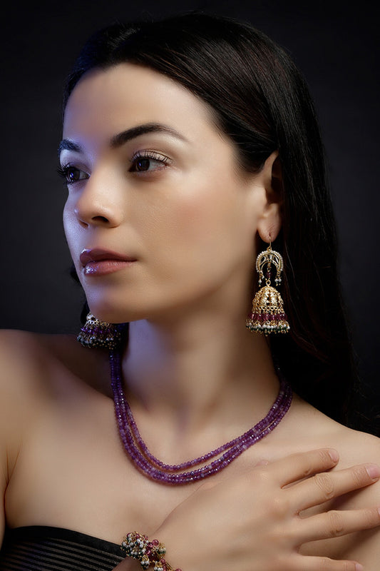 Gold Plated Layered Necklace with Purple Stones 