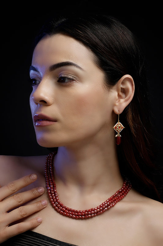 Gold Red Natural Stone Layered Necklace 