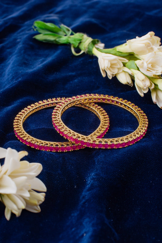 Gold Pink Stone Embellished Bangles Set 
