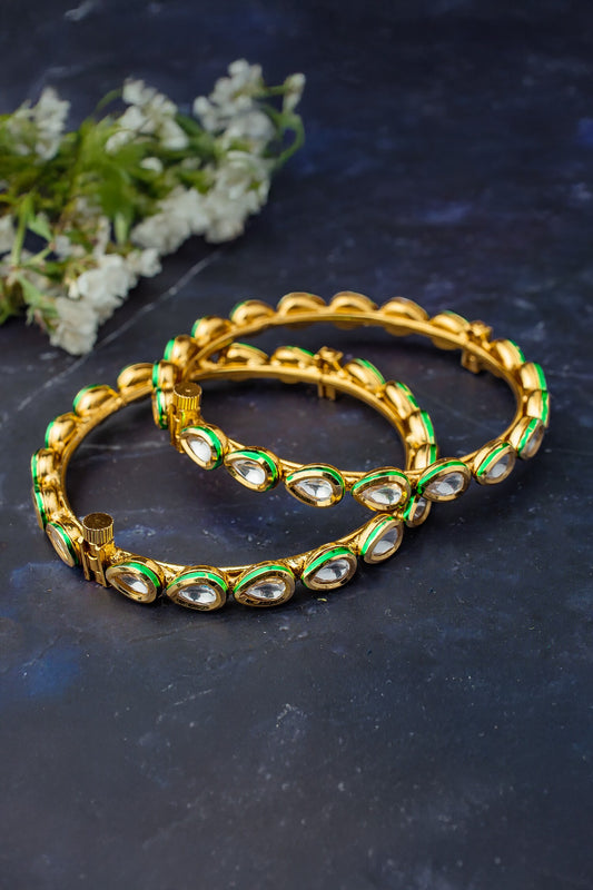 Gold Green Polki Kundan Bangles Set 