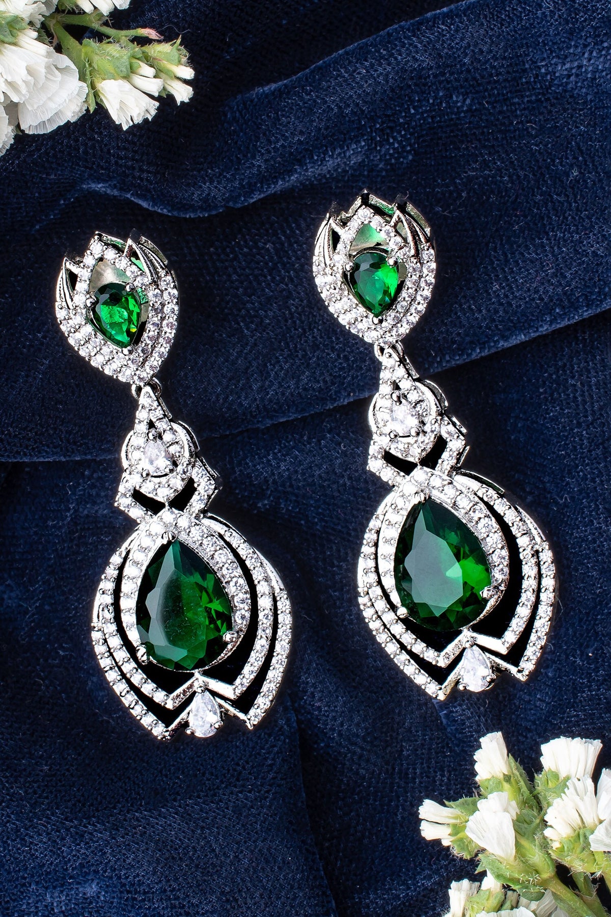Zia Flora Silver Green Danglers 
