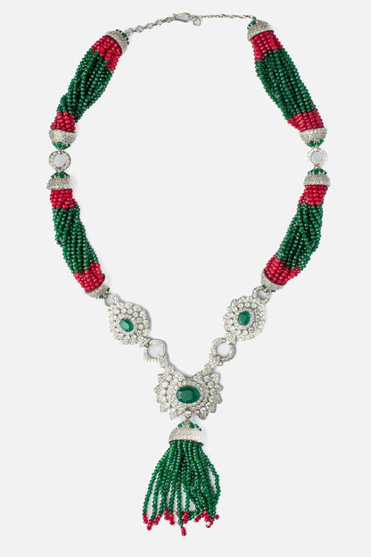 Bead Embellished Silver Pendant Necklace 