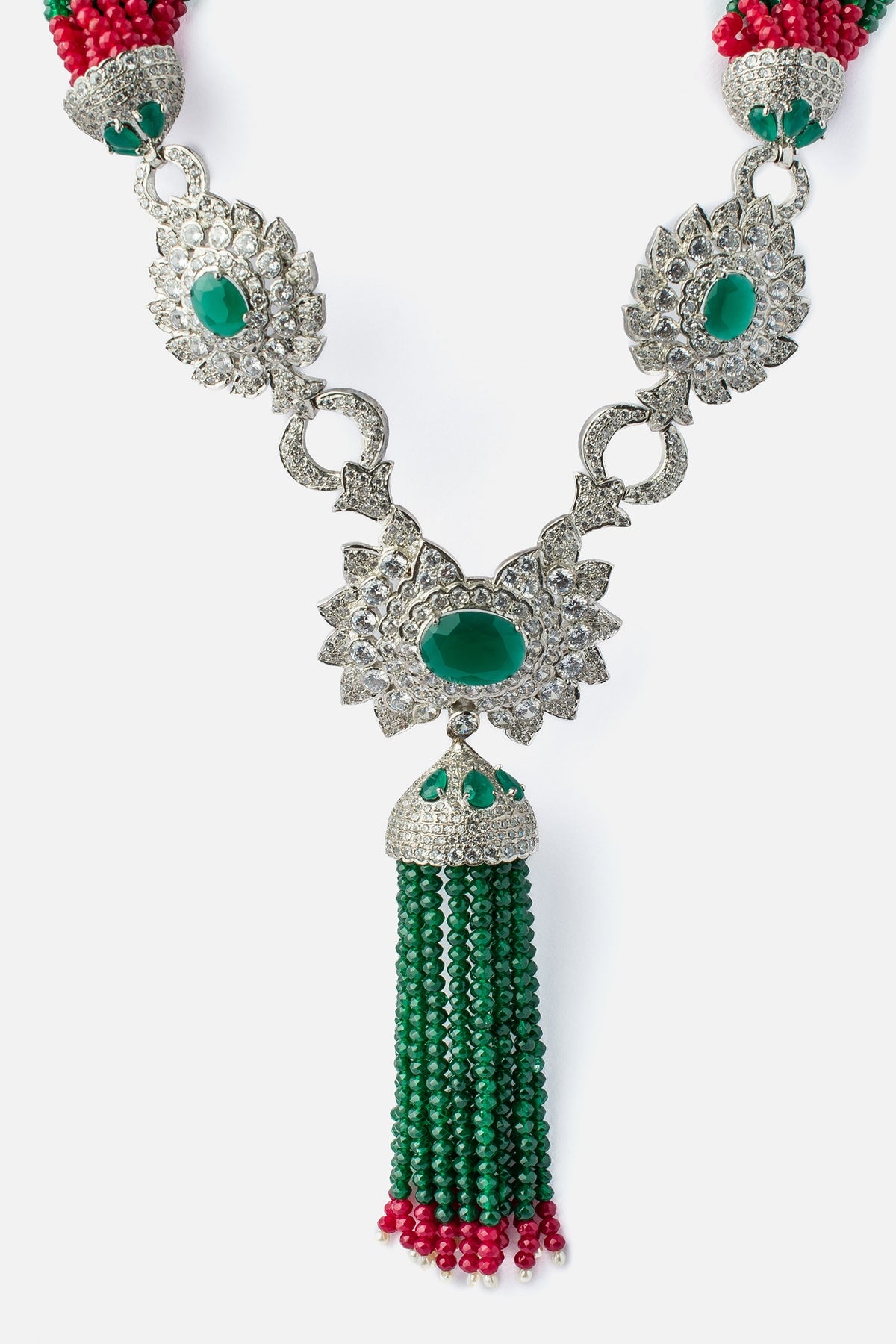Bead Embellished Silver Pendant Necklace 