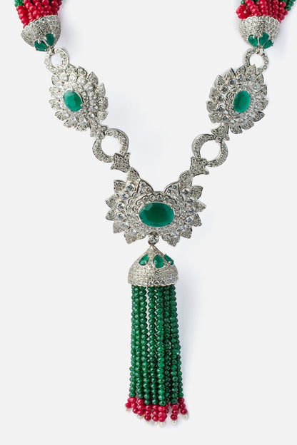 Bead Embellished Silver Pendant Necklace 