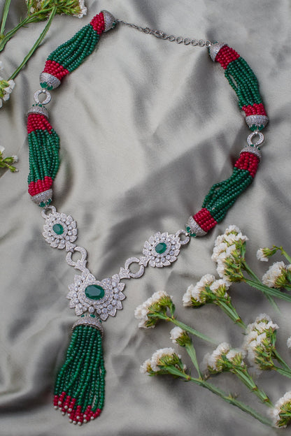 Bead Embellished Silver Pendant Necklace 