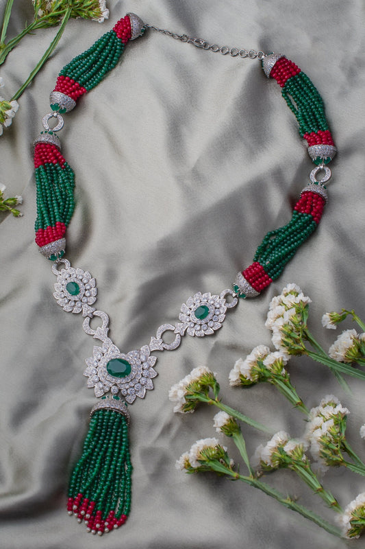 Bead Embellished Silver Pendant Necklace 