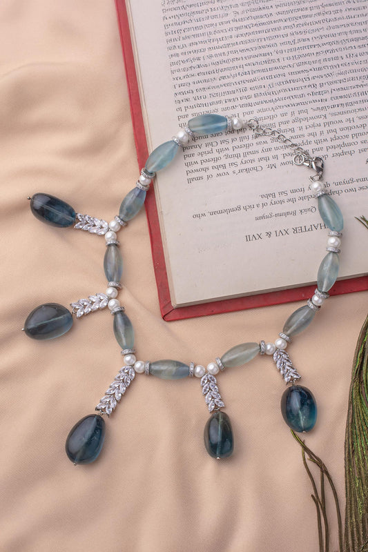 Aqua Bead & Pearl Embellished Necklace 