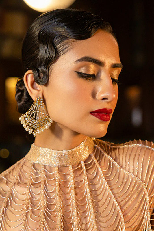 Gold Kundan Pearl Chandelier Earrings 