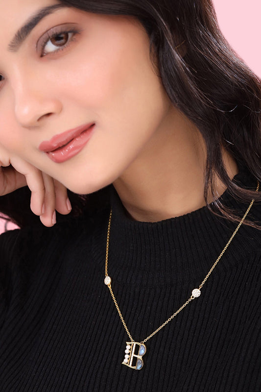 Gold Stone & Pearl Alphabet B Pendant Necklace 