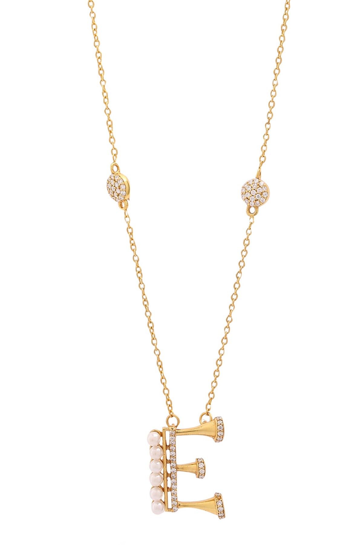 Gold Stone & Pearl Alphabet E Pendant Necklace 