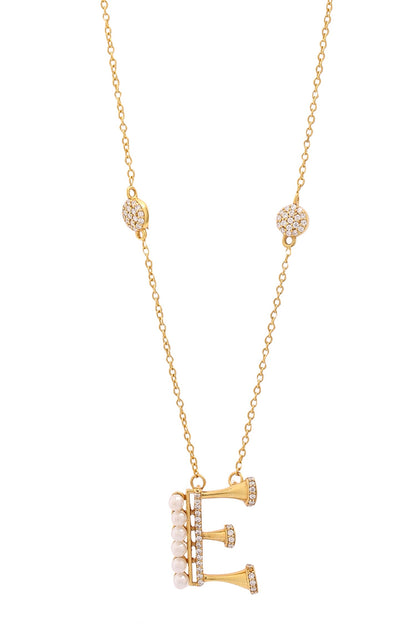Gold Stone & Pearl Alphabet E Pendant Necklace 