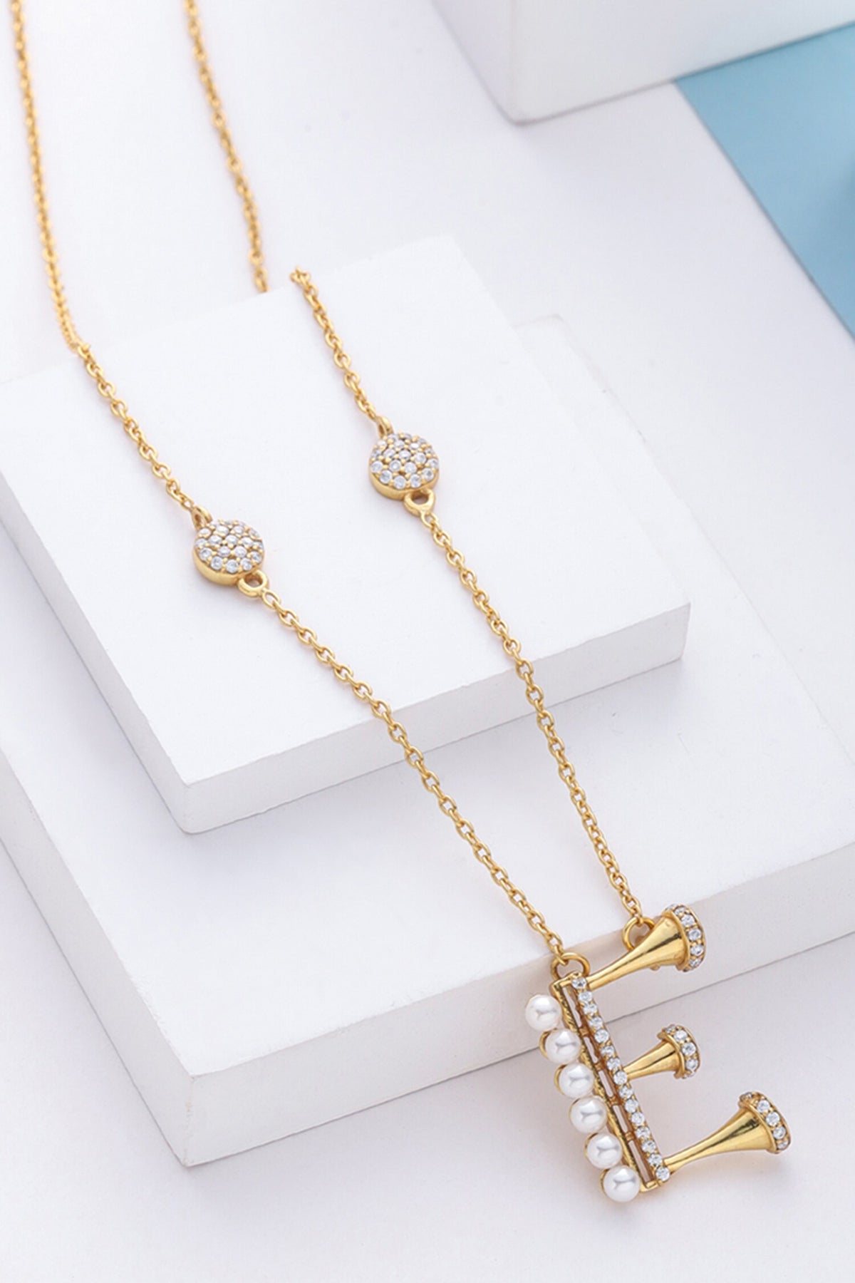 Gold Stone & Pearl Alphabet E Pendant Necklace 