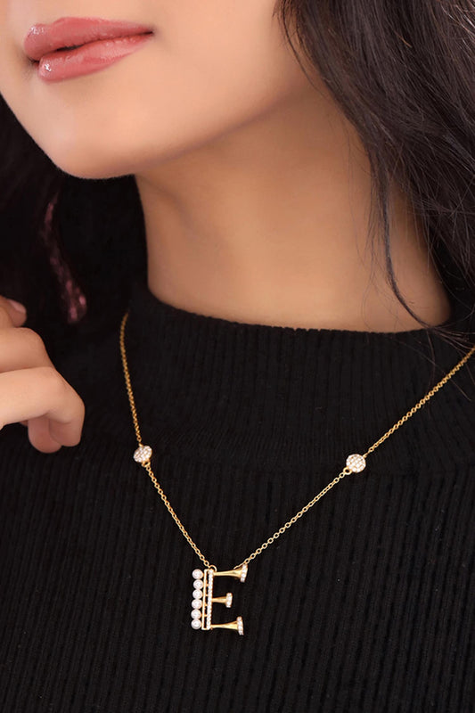 Gold Stone & Pearl Alphabet E Pendant Necklace 