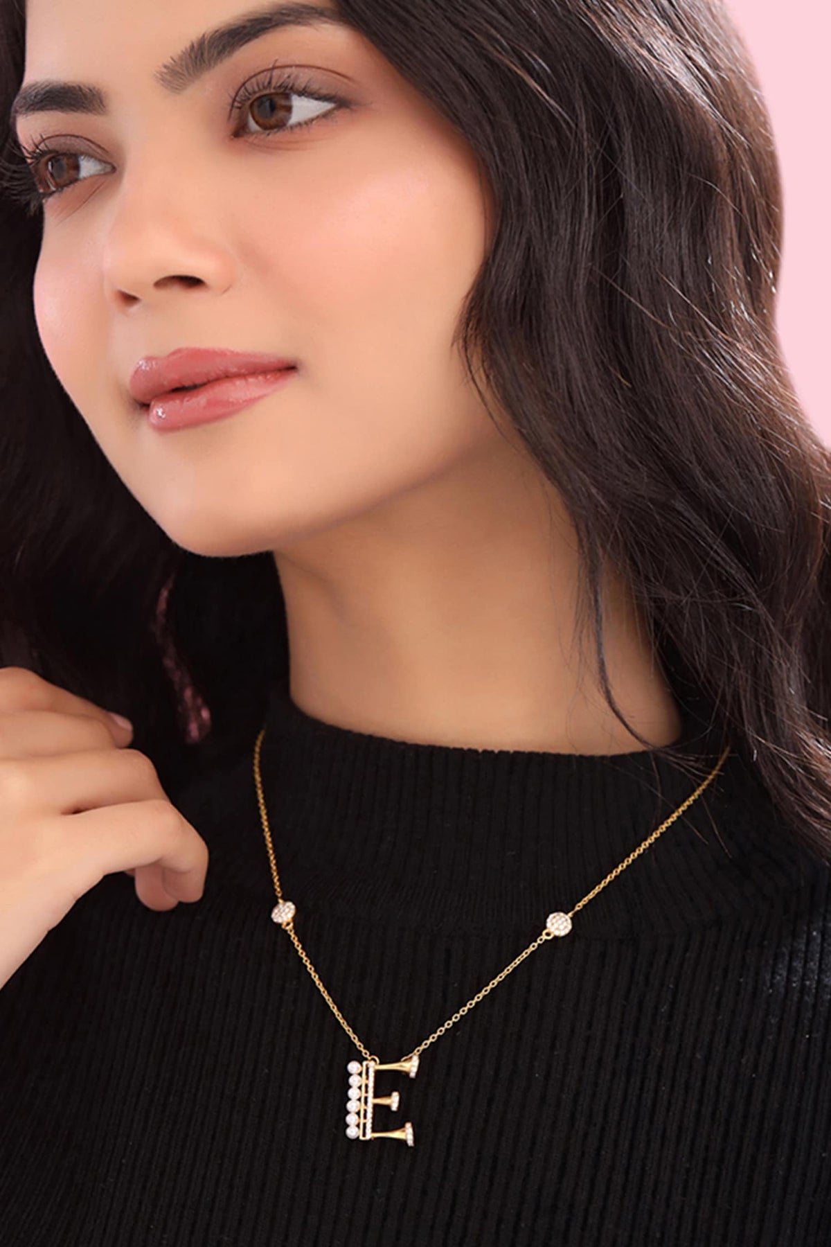 Gold Stone & Pearl Alphabet E Pendant Necklace 
