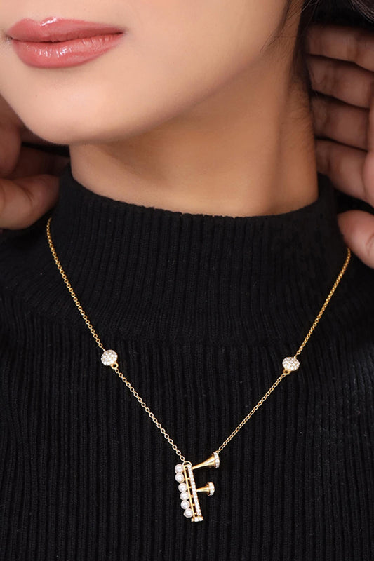 Gold Stone & Pearl Alphabet F Pendant Necklace 
