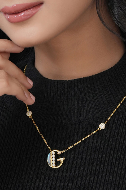 Gold Stone & Pearl Alphabet G Pendant Necklace 