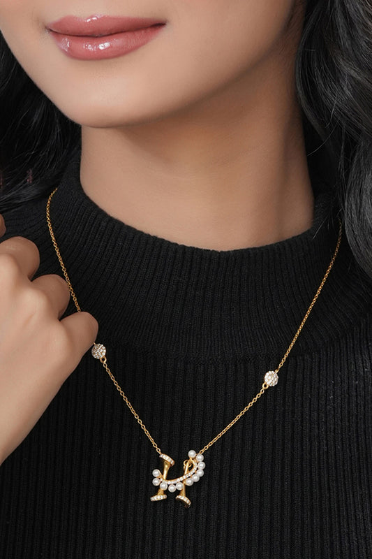 Gold Stone & Pearl Alphabet H Pendant Necklace 