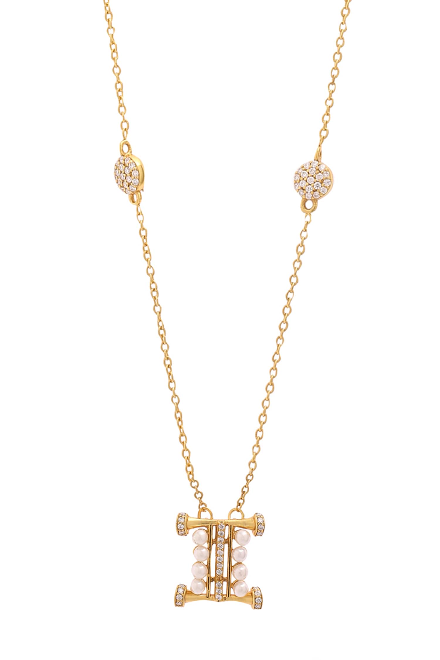 Gold Pearl & Stone Alphabet I Pendant Necklace 