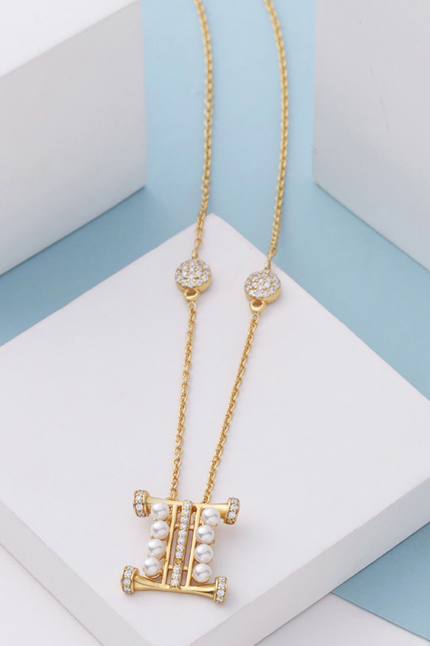 Gold Pearl & Stone Alphabet I Pendant Necklace 