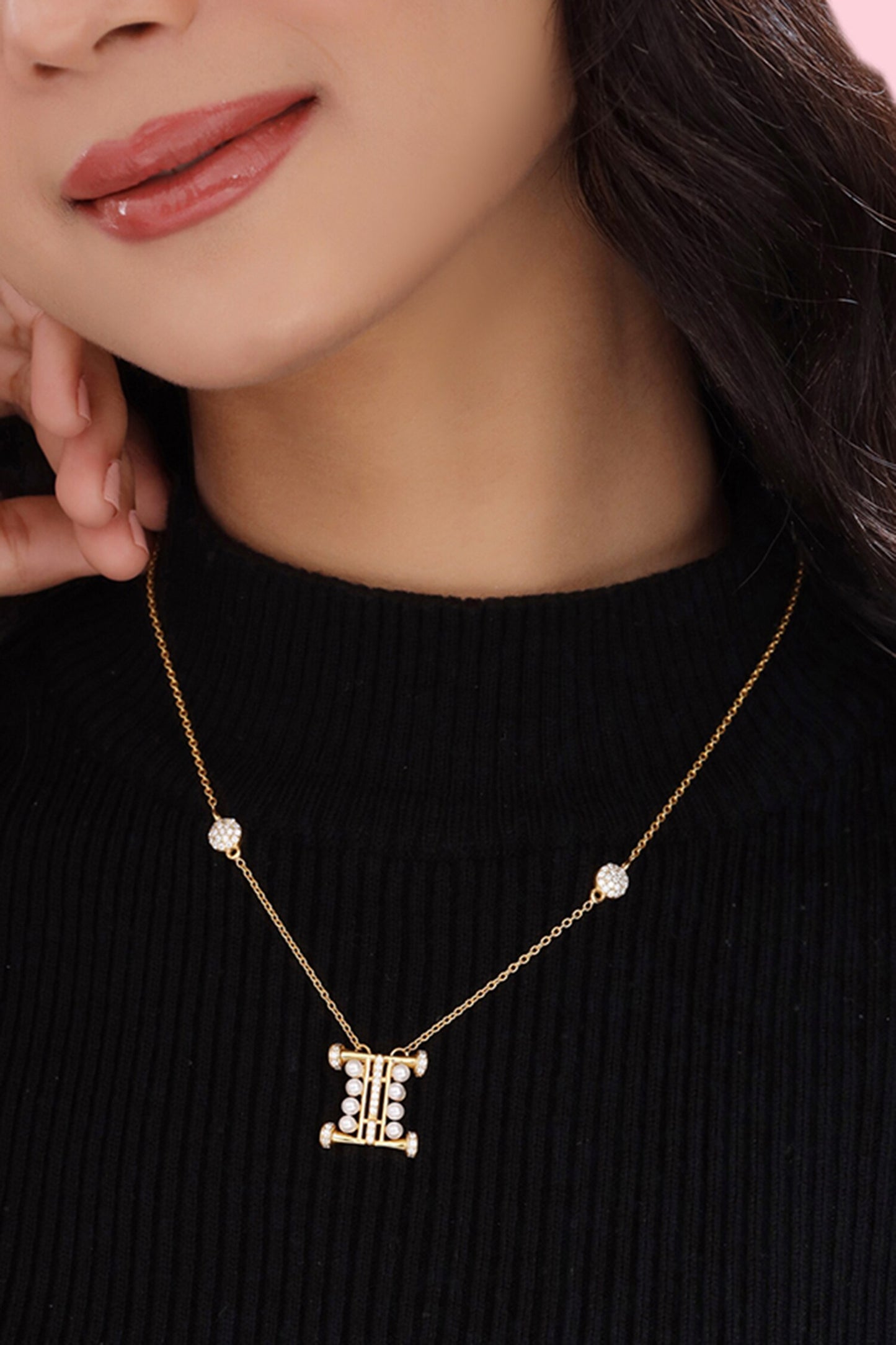 Gold Pearl & Stone Alphabet I Pendant Necklace 