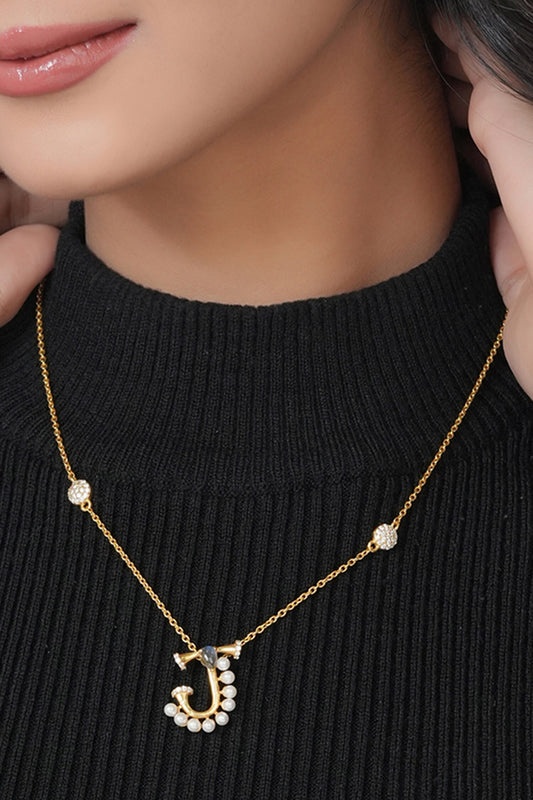 Gold Stone & Pearl Alphabet J Pendant Necklace 