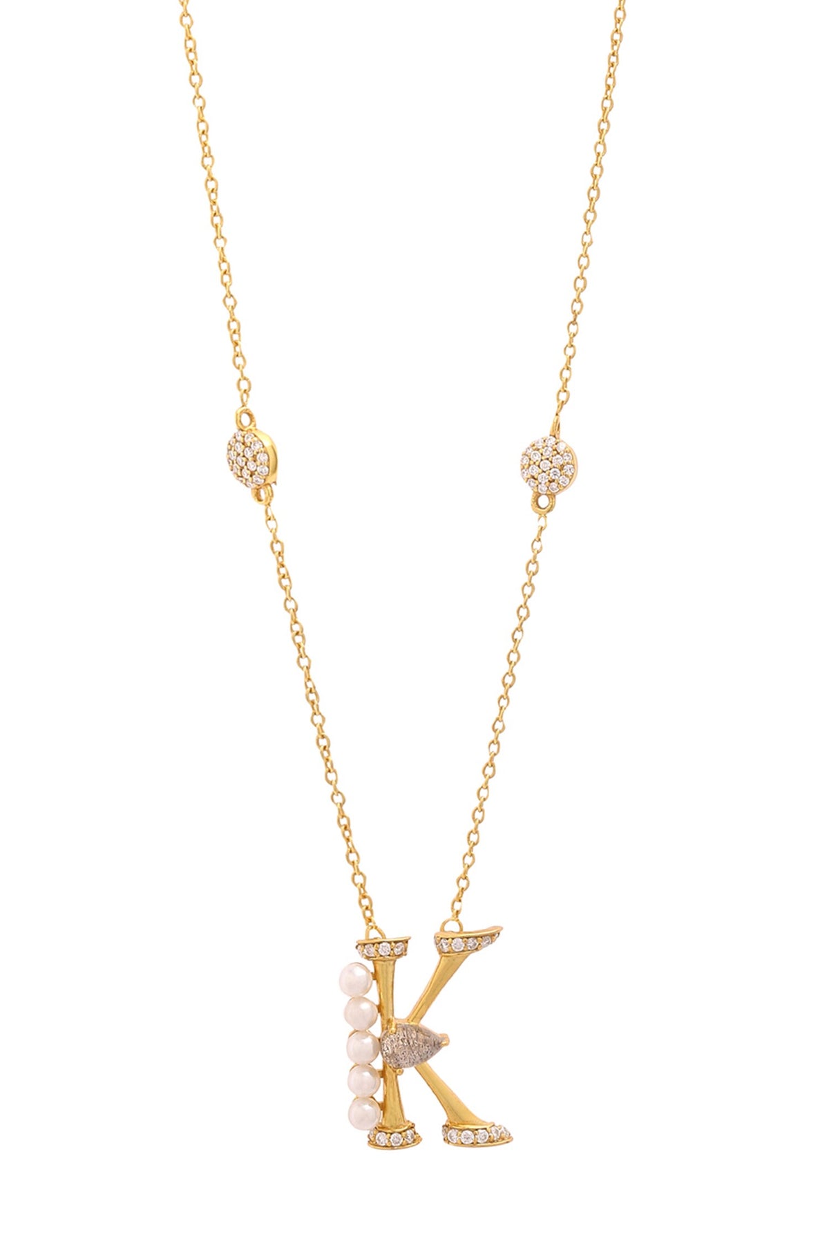 Gold Stone Pearl Alphabet K Pendant Necklace 