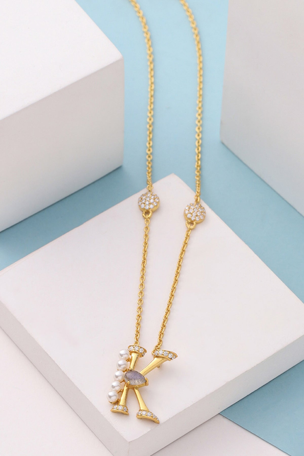 Gold Stone Pearl Alphabet K Pendant Necklace 