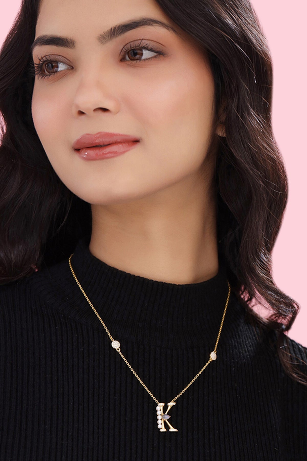 Gold Stone Pearl Alphabet K Pendant Necklace 