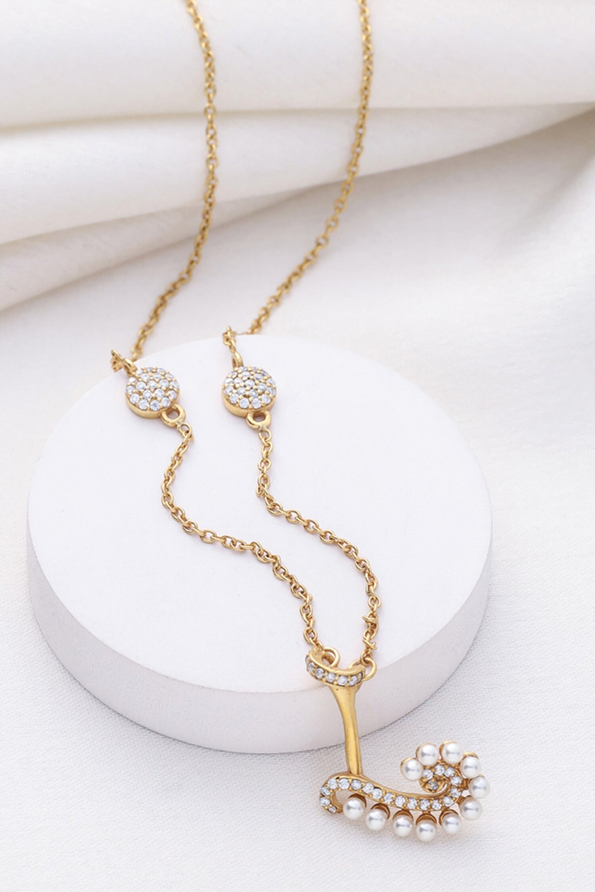 Gold Stone & Pearl Alphabet L Pendant Necklace 