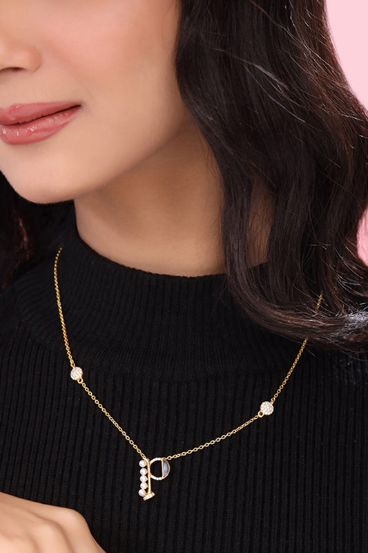 Gold Pendant Necklace with Pearl & Stone 