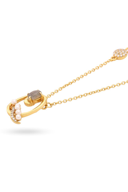 Gold Pearl & Stone Alphabet Q Pendant Necklace 