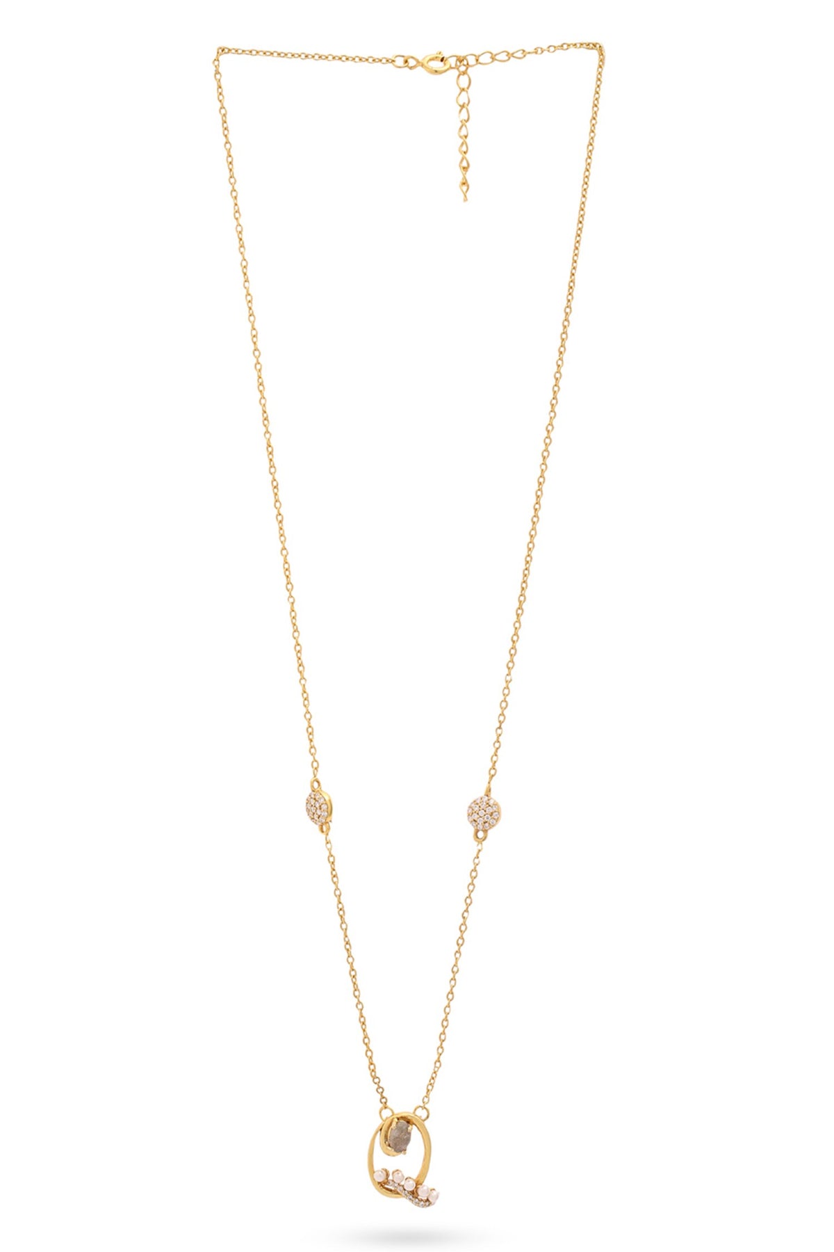 Gold Pearl & Stone Alphabet Q Pendant Necklace 