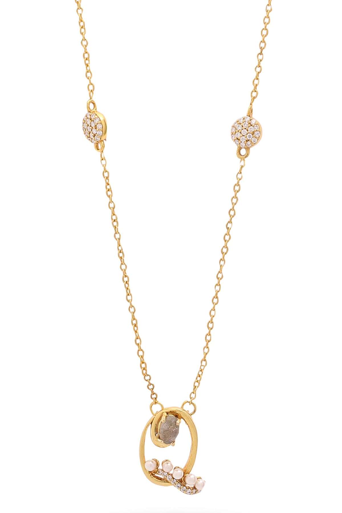 Gold Pearl & Stone Alphabet Q Pendant Necklace 