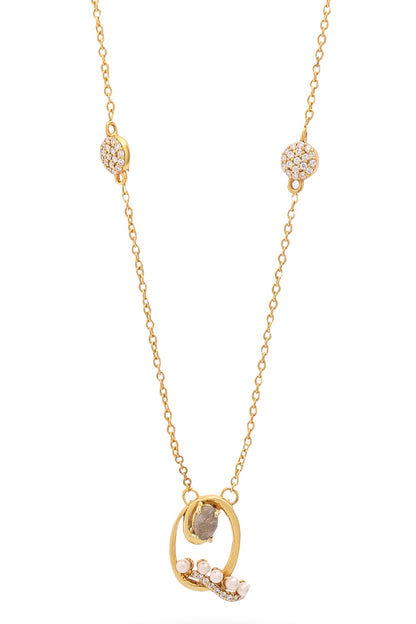 Gold Pearl & Stone Alphabet Q Pendant Necklace 