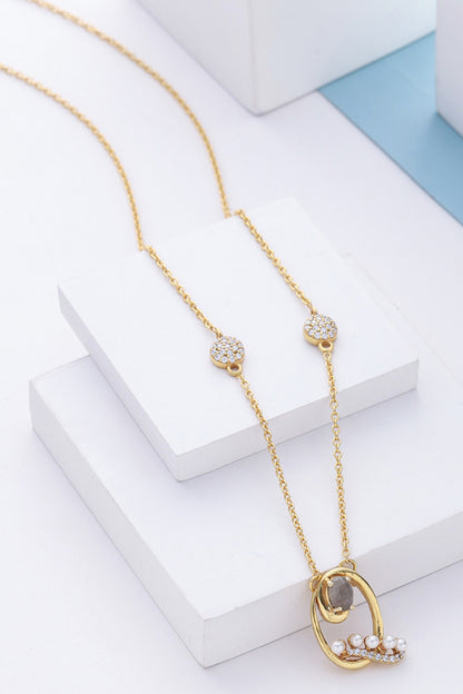 Gold Pearl & Stone Alphabet Q Pendant Necklace 
