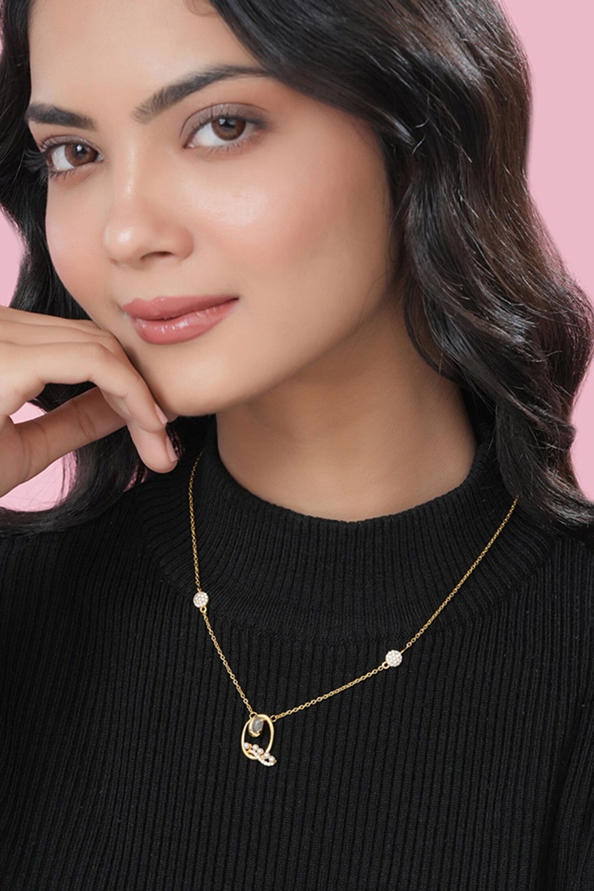 Gold Pearl & Stone Alphabet Q Pendant Necklace 