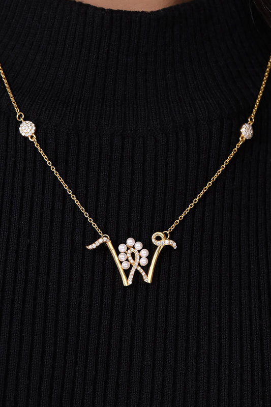 Gold Pearl Stone W Shaped Pendant Necklace 