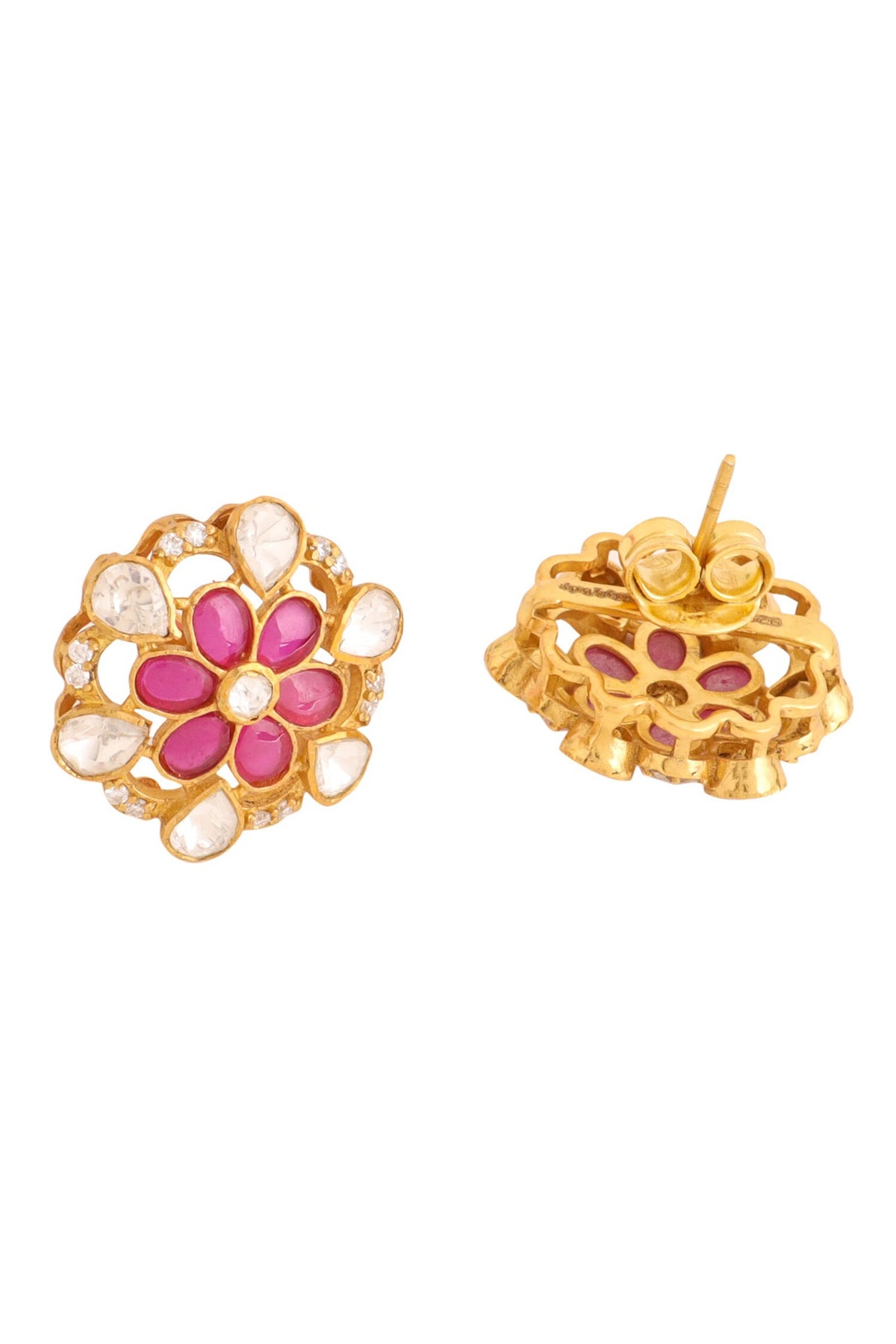 Gold Floral Stone Stud Earrings 