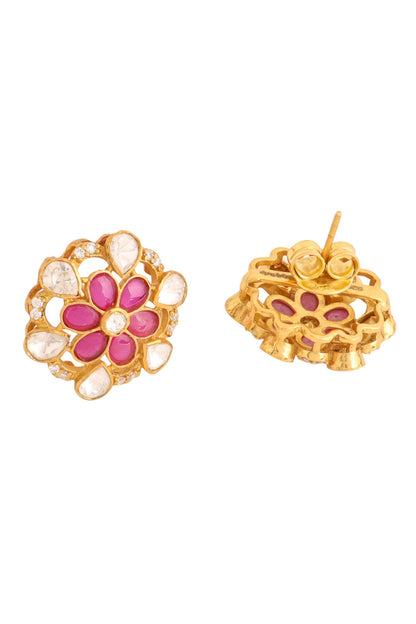 Gold Floral Stone Stud Earrings 
