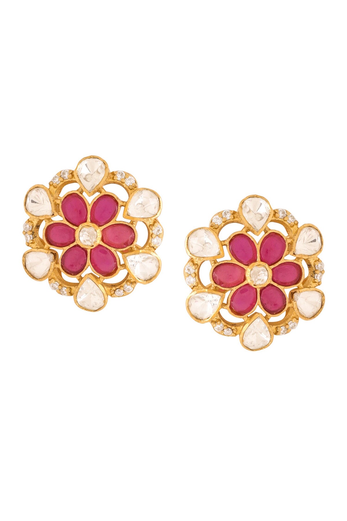 Gold Floral Stone Stud Earrings 