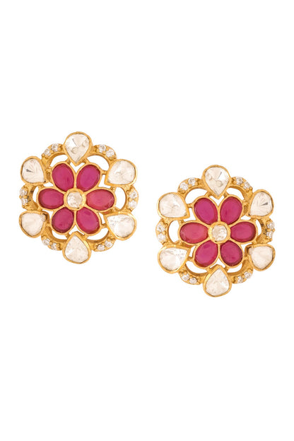 Gold Floral Stone Stud Earrings 
