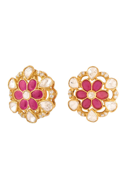 Gold Floral Stone Stud Earrings 