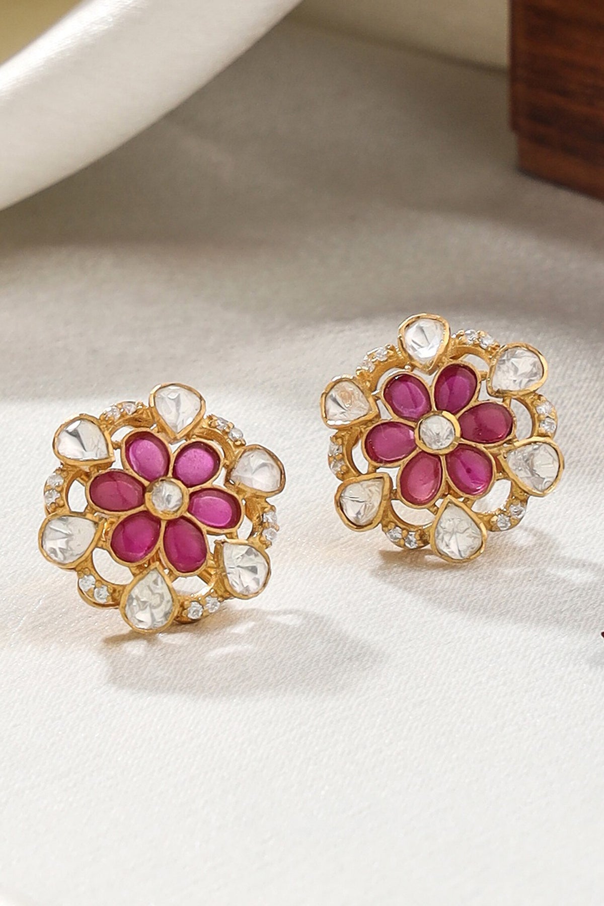 Gold Floral Stone Stud Earrings 