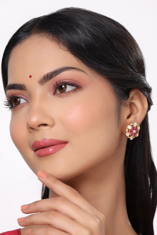 Gold Floral Stone Stud Earrings 