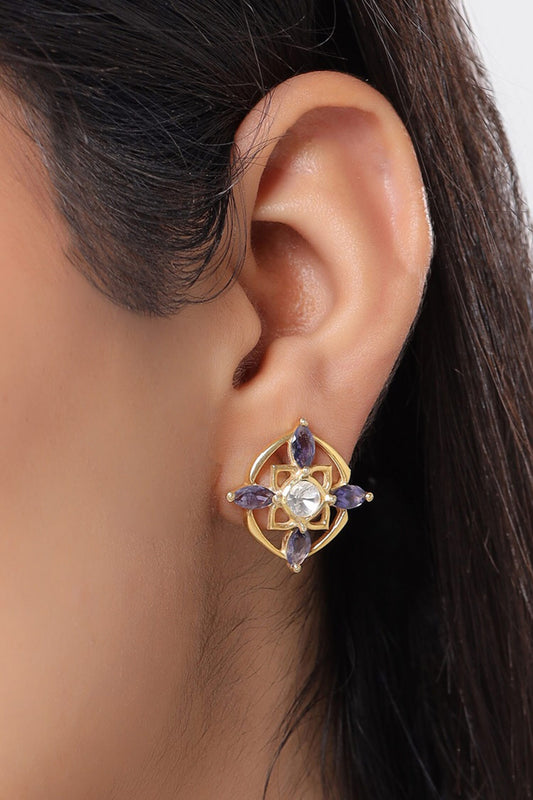 Gold Geometric Floral Motif Stud Earrings 